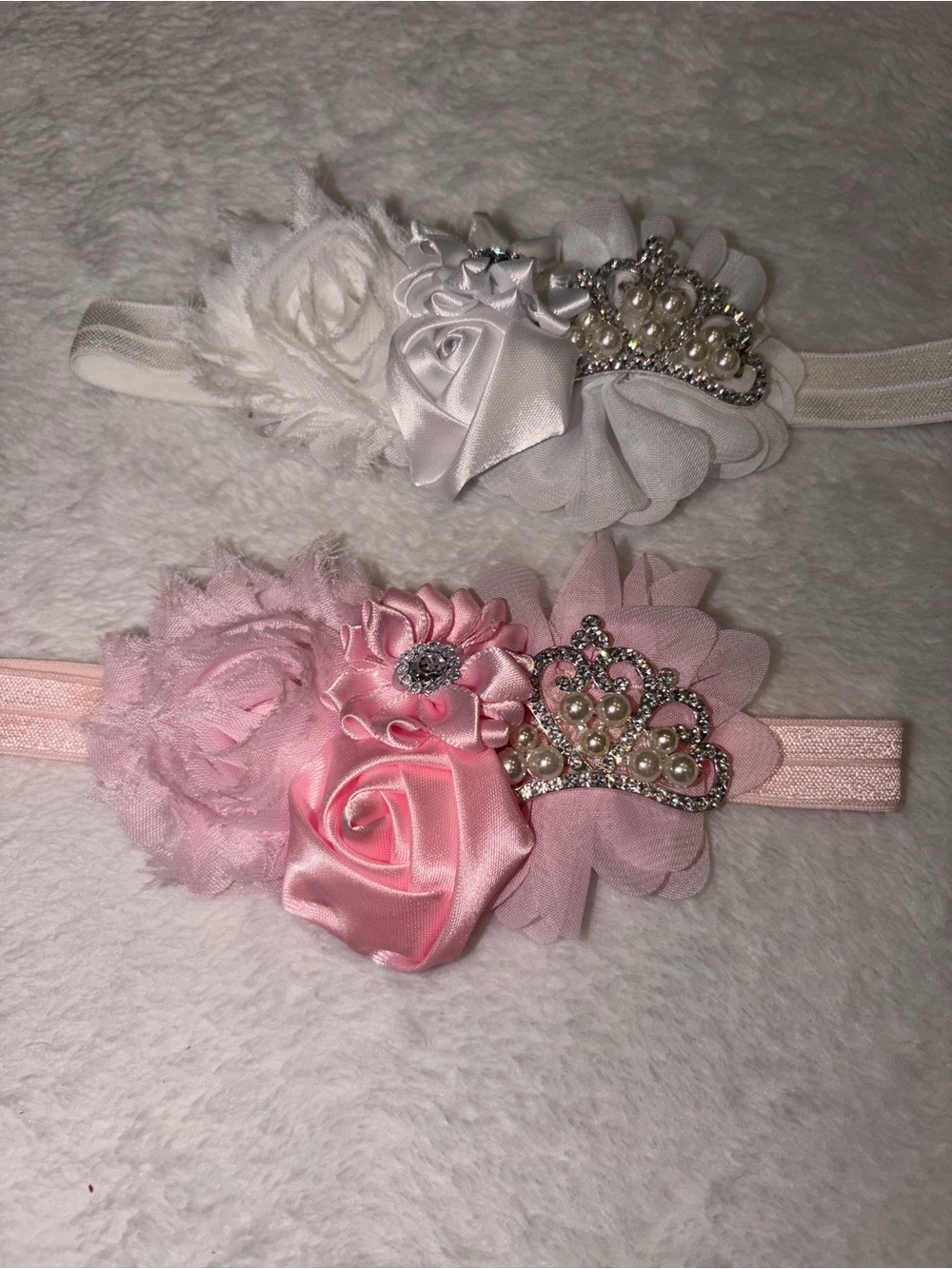 SET OF 2 White and Pink Satin Rose Baby Headband with Pearl Rhinestone Crown